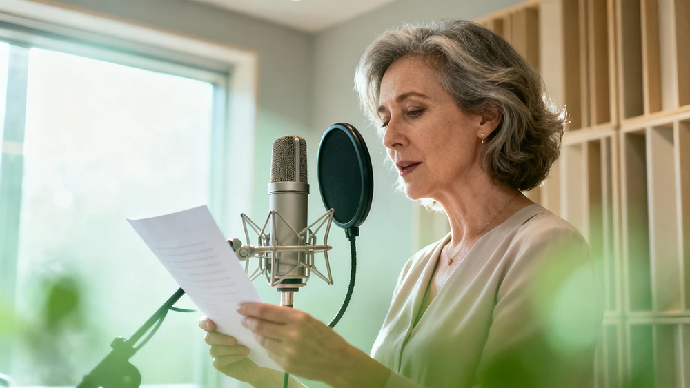 Lektorka tworząca audiodeskrypcję w studio